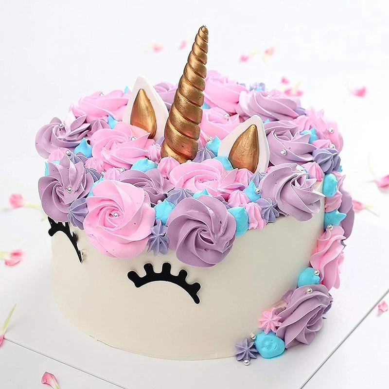 誕生日ケーキの装飾、3D、ホーン、耳、まつげ、シリコン金、カップケーキ、トッパー、チョコレート、キッチンツール用のユニコーンフォンダンモールドセット