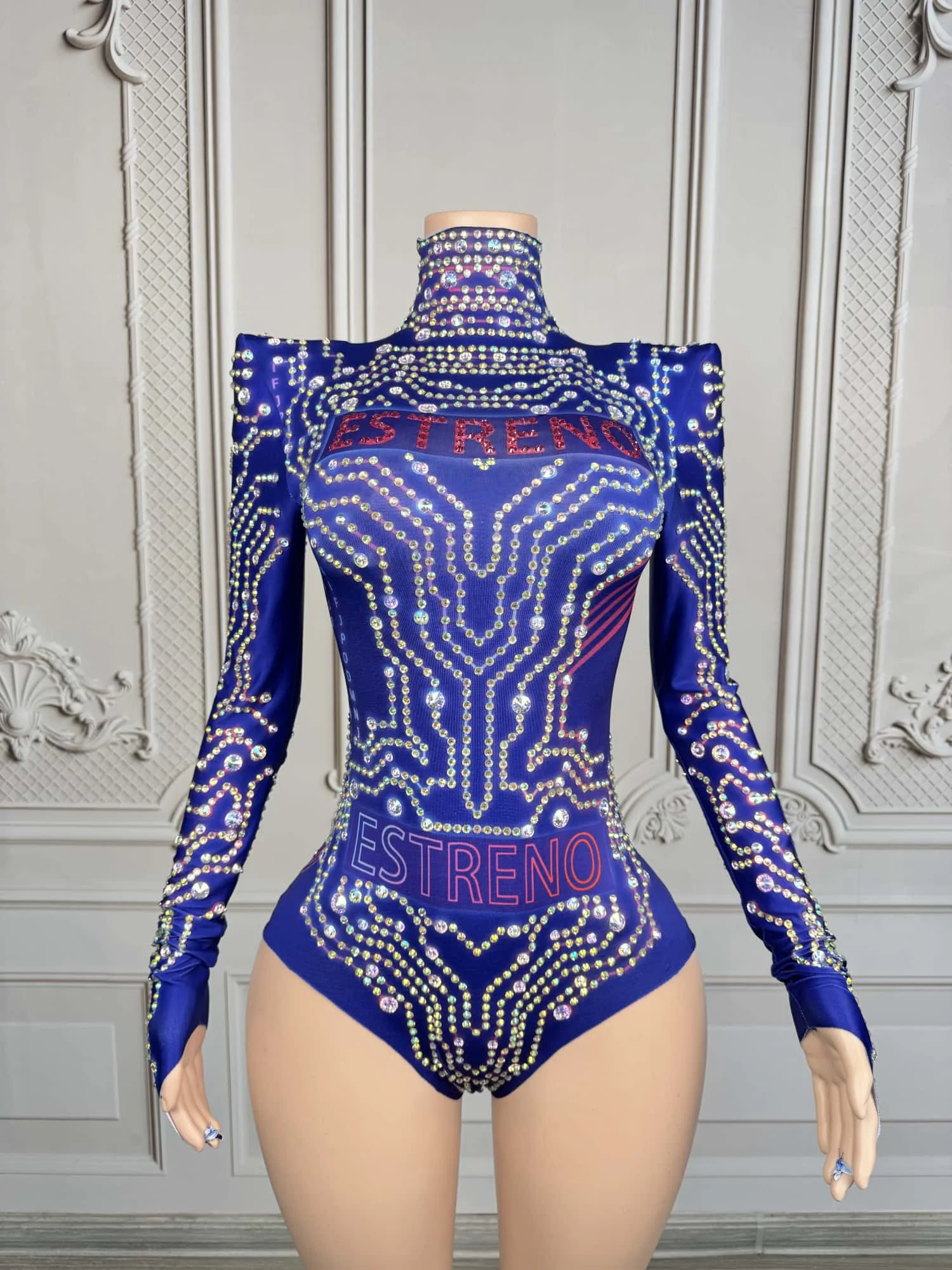 

Colorful Rhinestone Jumpsuit Comfortable Spandex High Stretch Fabric High Neck Shoulder Pad Nightclub Party Jumpsuit shouying