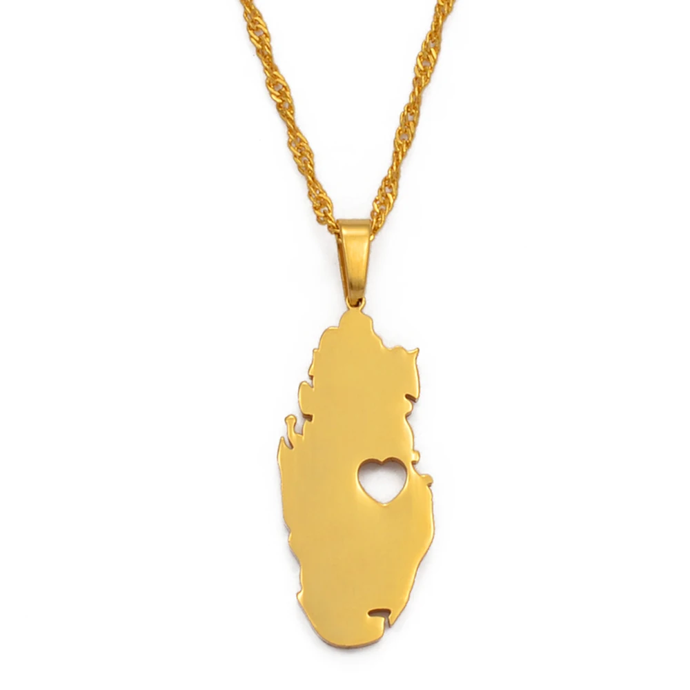 Anniyo Gold Color Qatar Map With Heart Pendant Necklaces Jewellery Countries Maps Qataris Maps #027221