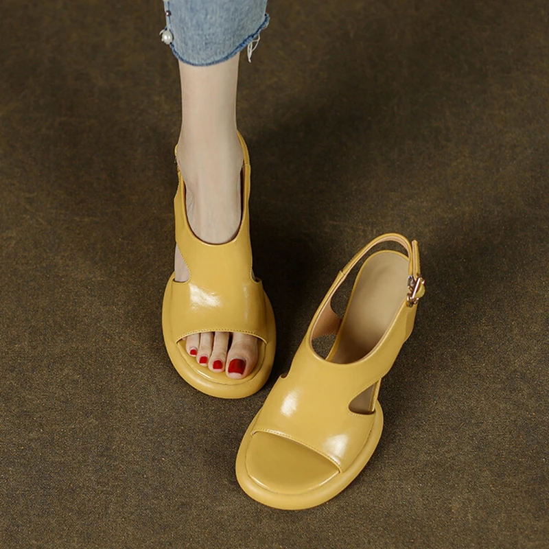 Summer Woman Sandals Split Leather Women Platform Shoes Round Toe High Heels Yellow Shoes Open Toe Chunky Heel Sandals for Women