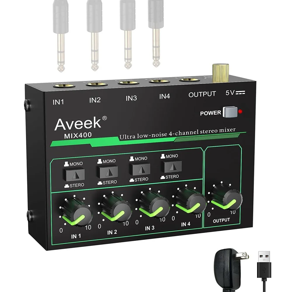 Aveek 4 Channel Mixer - Mini 4 Stereo Audio Mixer, Low-Noise for Precision Sub-Mixing,1/4" TRS Input/Output Ideal for Mics
