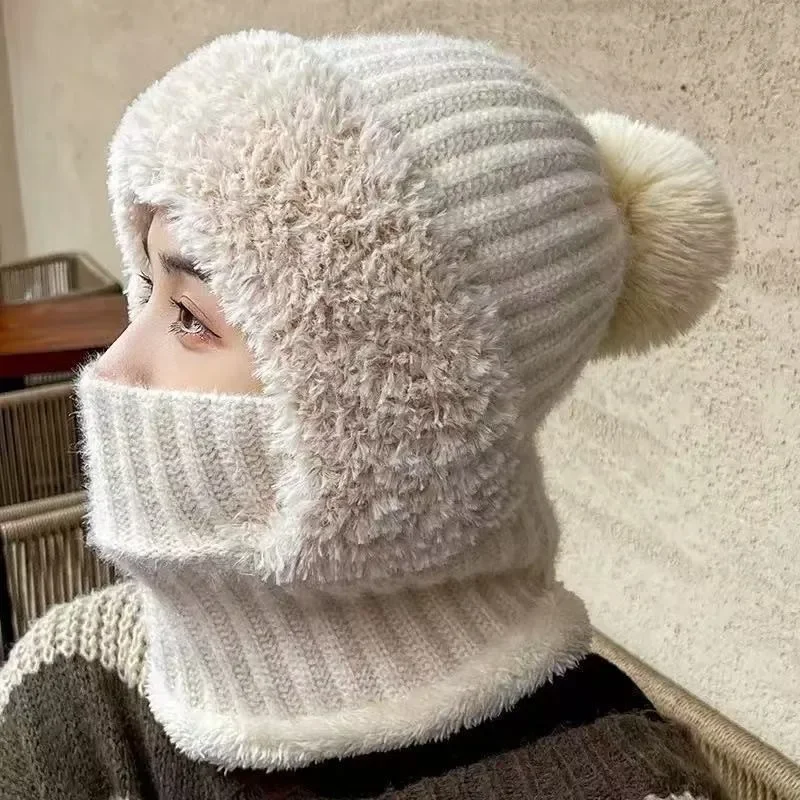 Multifunctional Knit Balaclava with Fleece Lining – All-in-One Winter Hat, Scarf & Mask for Women, Warm Thermal Cap