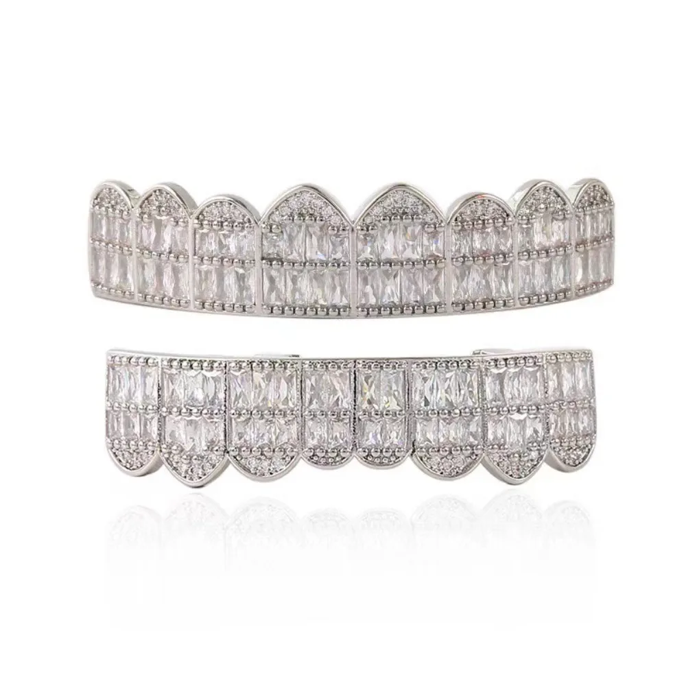 Removable Teeth Grillz Set Dental Decorations Bling Top Bottom Mouth Tooth Cap HipHop Cubic Gold Silver Color Teeth Grills