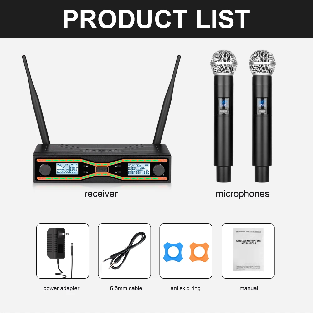 2-Channel Wireless Microphone System, UHF Fixed Dual-Frequency Wireless Kit with 2 Handheld Dynamic Transmitter Microphones and Receiver Base, Suitable for Singing, Weddings, DJs, Parties, Black