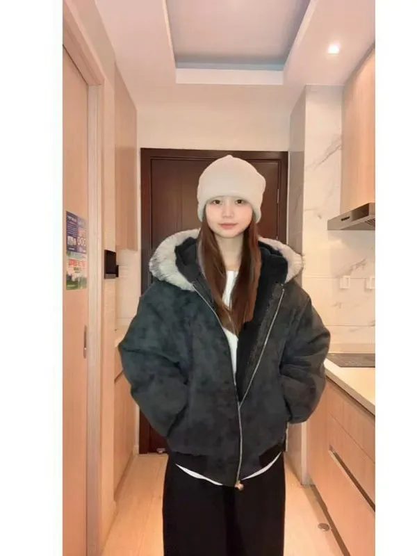 

Утепленная хлопковая куртка-жилет унисекс с капюшоном и меховым воротником, повседневная молодежная мода 2025