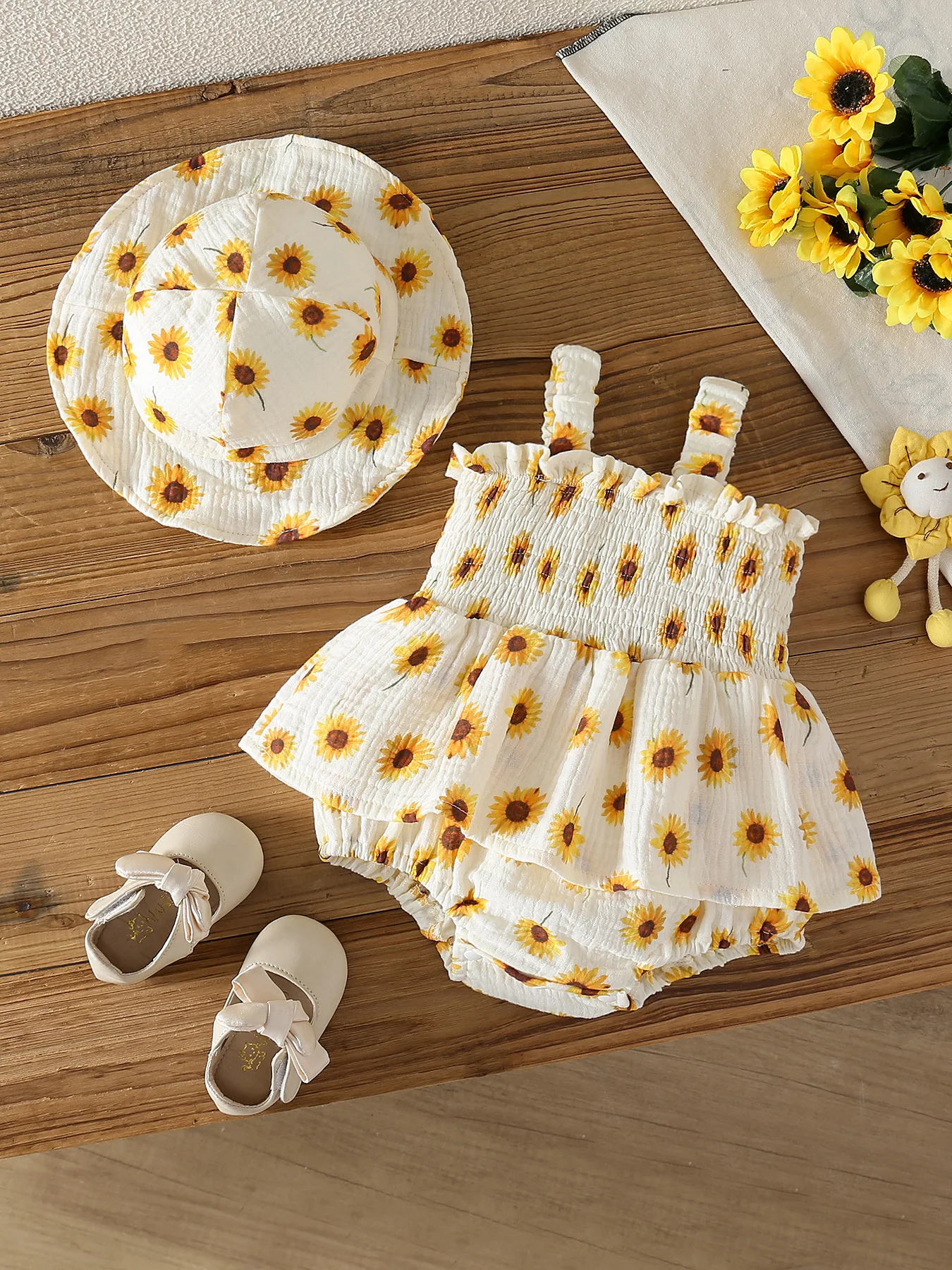 Korean Style Baby Romper Sunflower Print Girls Strap Ruffle Summer Dress Light Cotton Daily Outfit For Infant