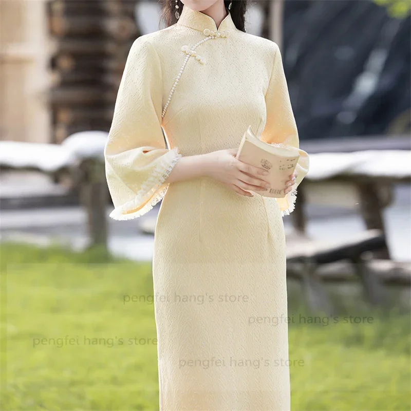 

Женское длинное платье Ципао, светло-желтое китайское платье с кружевной отделкой, элегантное уличное платье с расклешенными рукавами, вечернее банкетное платье, Vestidos