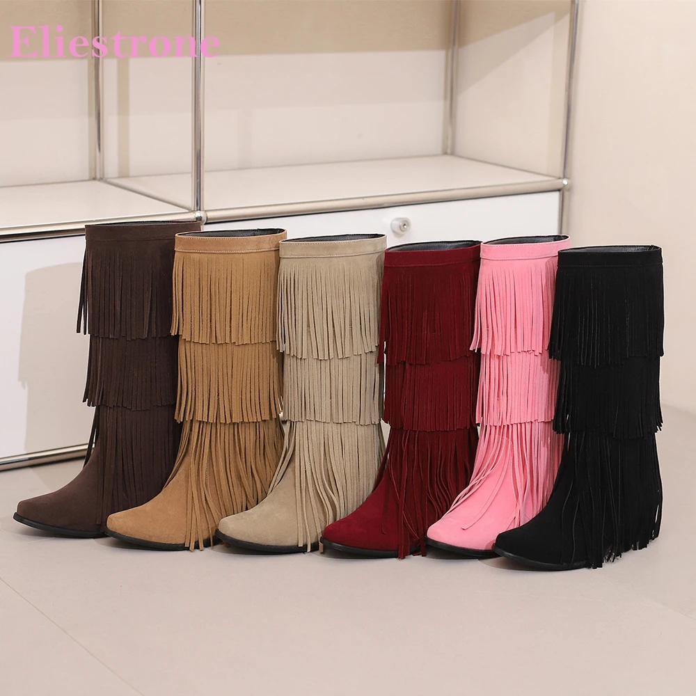 

2025 Новые зимние женские сапоги до колена черного и коричневого цвета для взрослых, модные женские туфли на высоком каблуке с кисточками, большие размеры 32 43 48