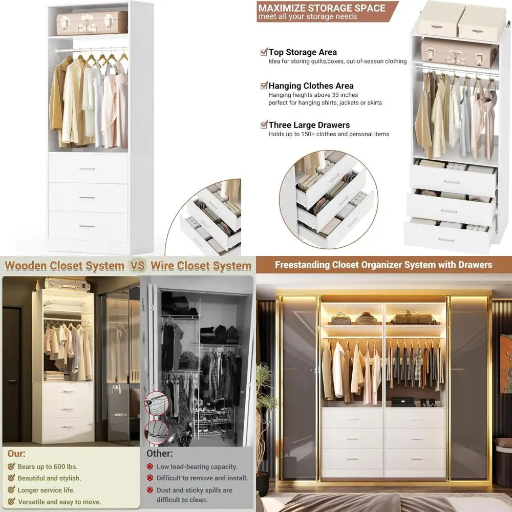 2-Foot Tall Wooden Closet Organizer with Drawers, Hanging Rod, and Shelves for Walk-in Closets