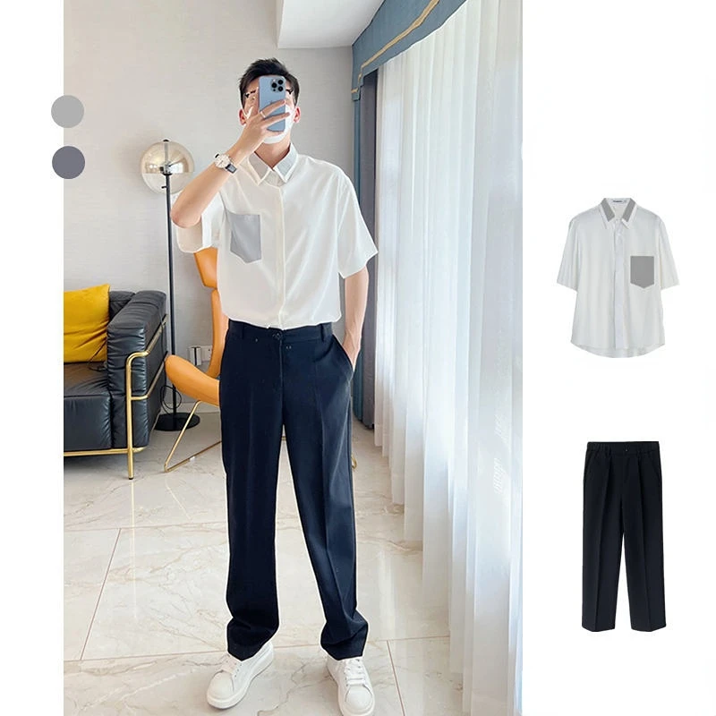 

2023 Men's Short-sleeved Shirt + Trousers Two-piece Set Street Outdoor Casual Lapel Single-breasted Shirt Walking Suit A57