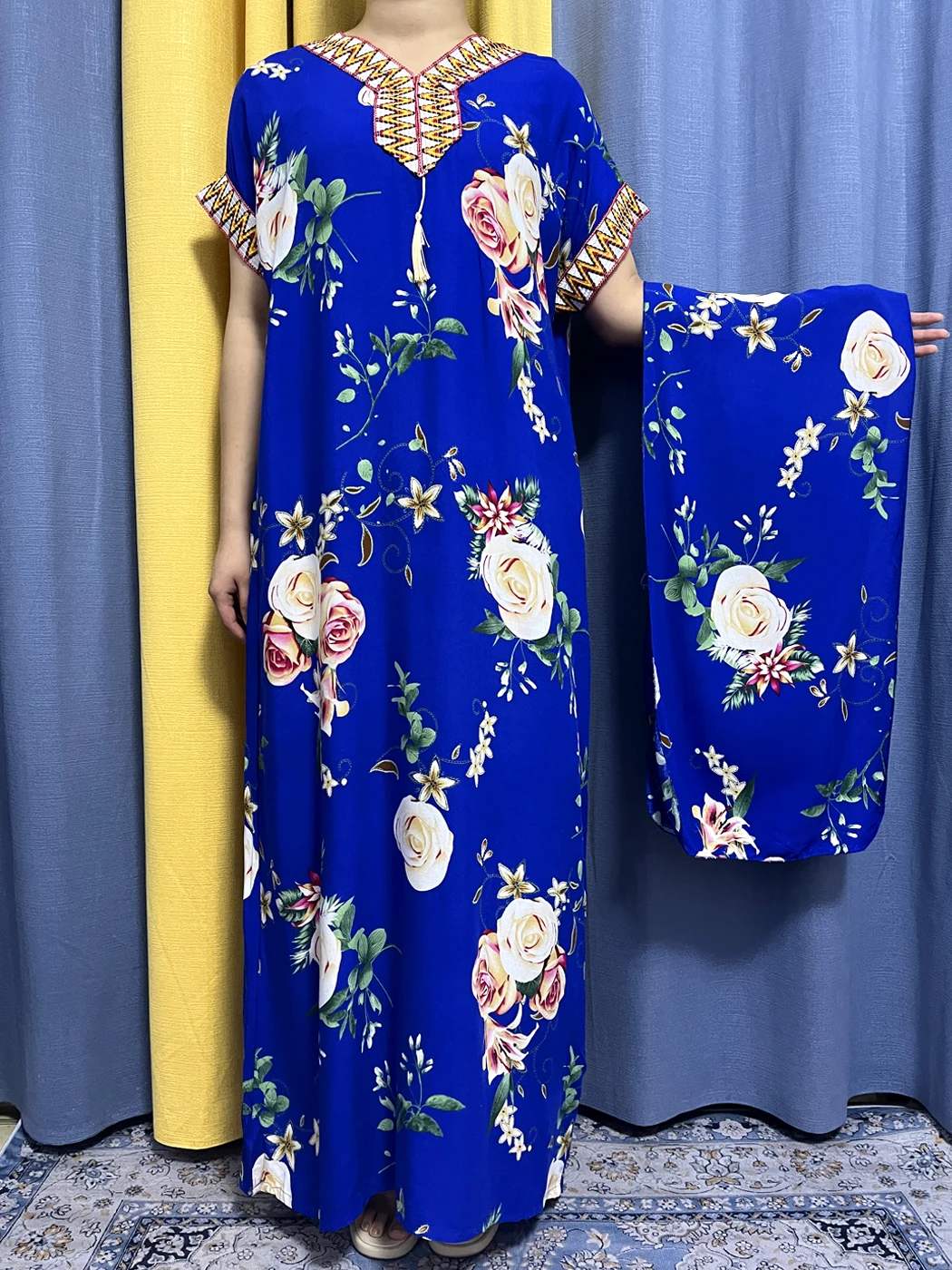 Abayas-Robe Courte en Coton à Imprimé Floral pour Femme, Col en V, Coupe Cintrée, Écharpe de Sauna, Mode Dubaï, 2023