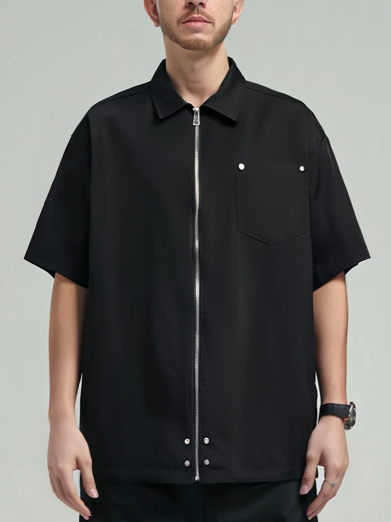 

Zipper Oversize American Vintage Black Short Sleeve Shirt Men Women Fashion Loose Versatile Top Ropa Hip Hop Hombre