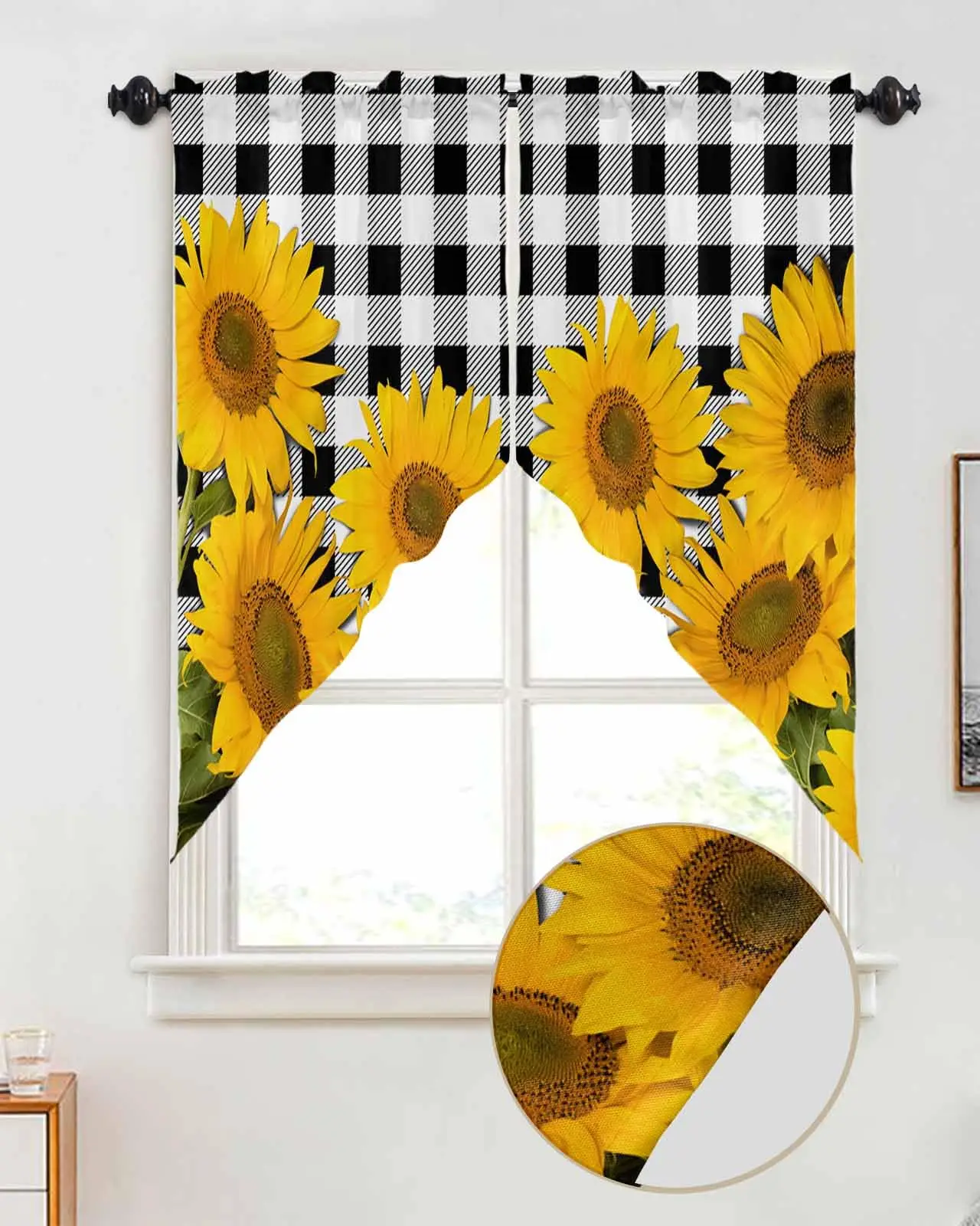 Sunflower Swag Valance Curtains, Farmhouse Sunflower Summer Rod Pocket Kitchen Plaid Scalloped  for Living Room Bathroom Window