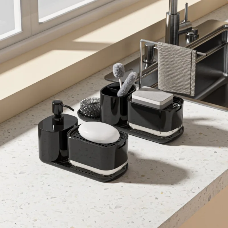 Kitchen Accessories Kitchen storage rack, hand-pressed soap holder, liquid soap dispenser with towel and sponge holder