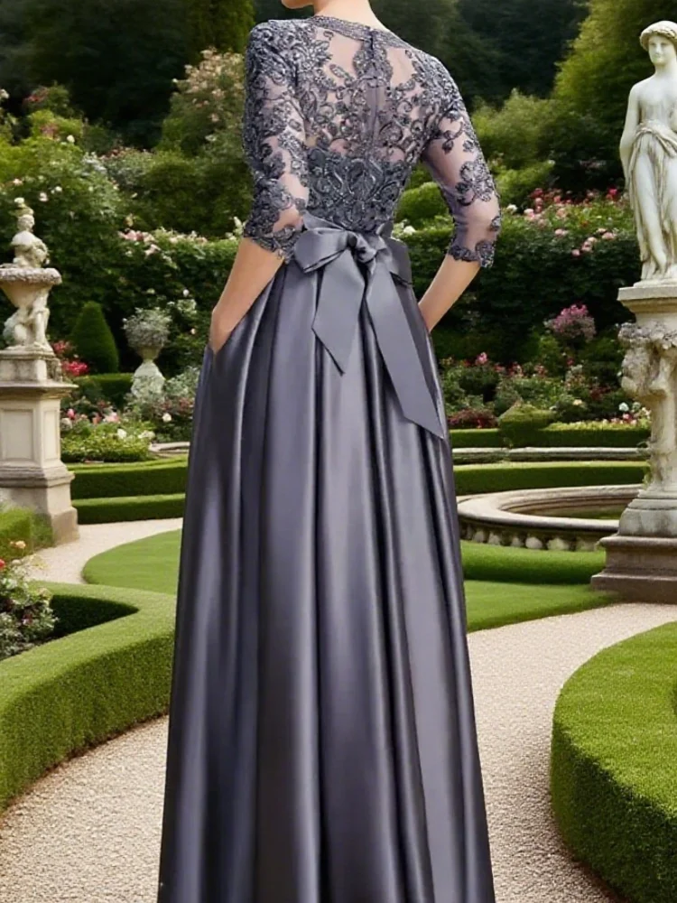 فساتين أم العروس رمادي على شكل حرف a من الساتان طول الأرض مع جيوب وشاح على شكل فيونكة ورقبة دائرية وأكمام دانتيل أنيقة للعريس