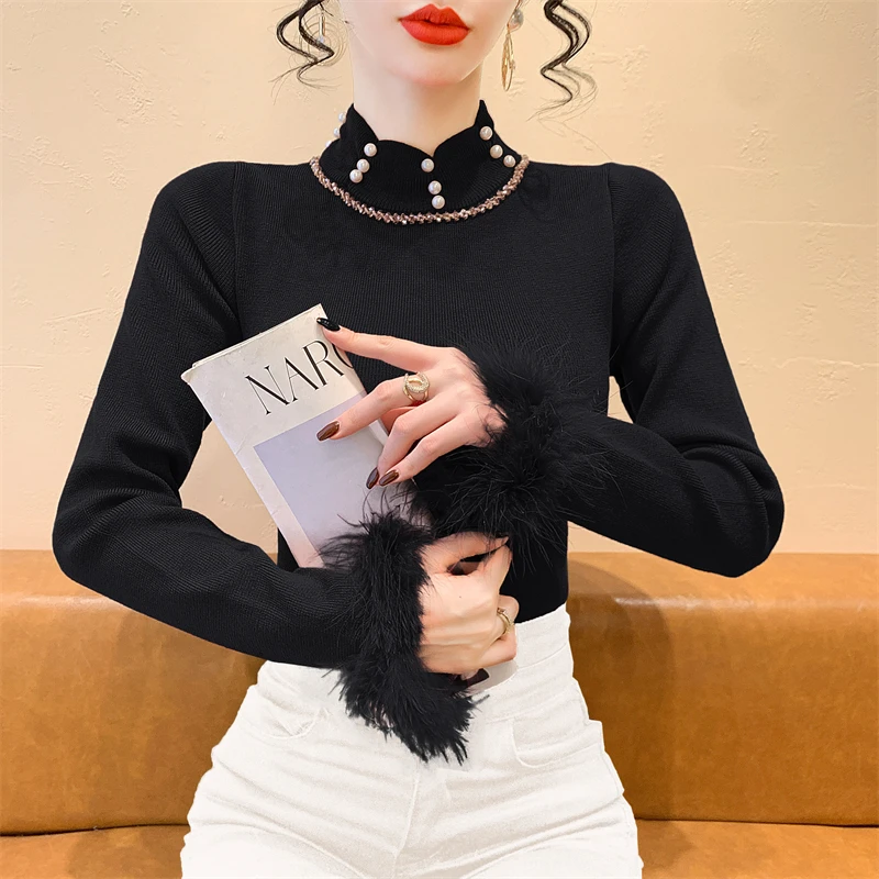 

2025,New,European,Clothes,Knitted,Sweater,Women,Chic,Sexy,Mock Neck,Patchwork,Shiny,Beading,Long Hairy Sleeve,Elastic,Tops,51021