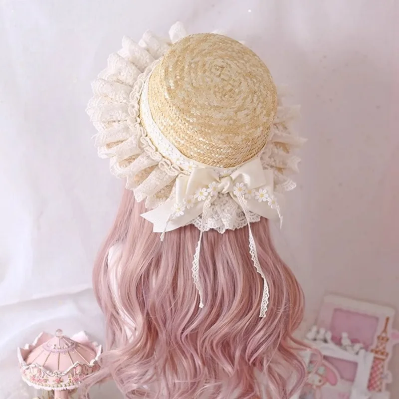 

Lolita Handmade Original Elegant Straw Hat Generating Colors CLA Daisy Lace Bow Straw Hat Flower Wedding Sunshade Hat