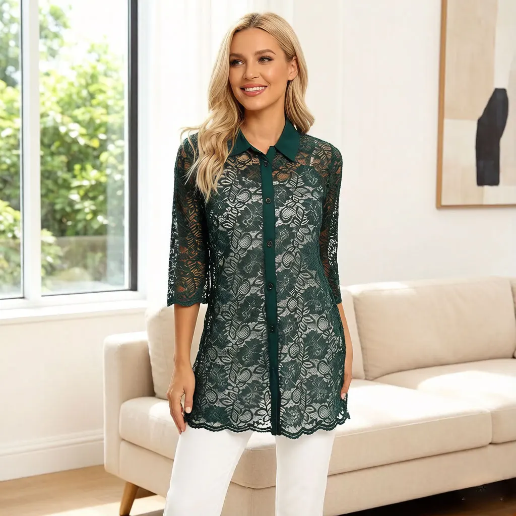 Women Green Lace Shirt Dress Floral Crochet Blouse with Contrast Collar Bell Sleeve Casual Loose Fit Elegant Tunic Top view 3