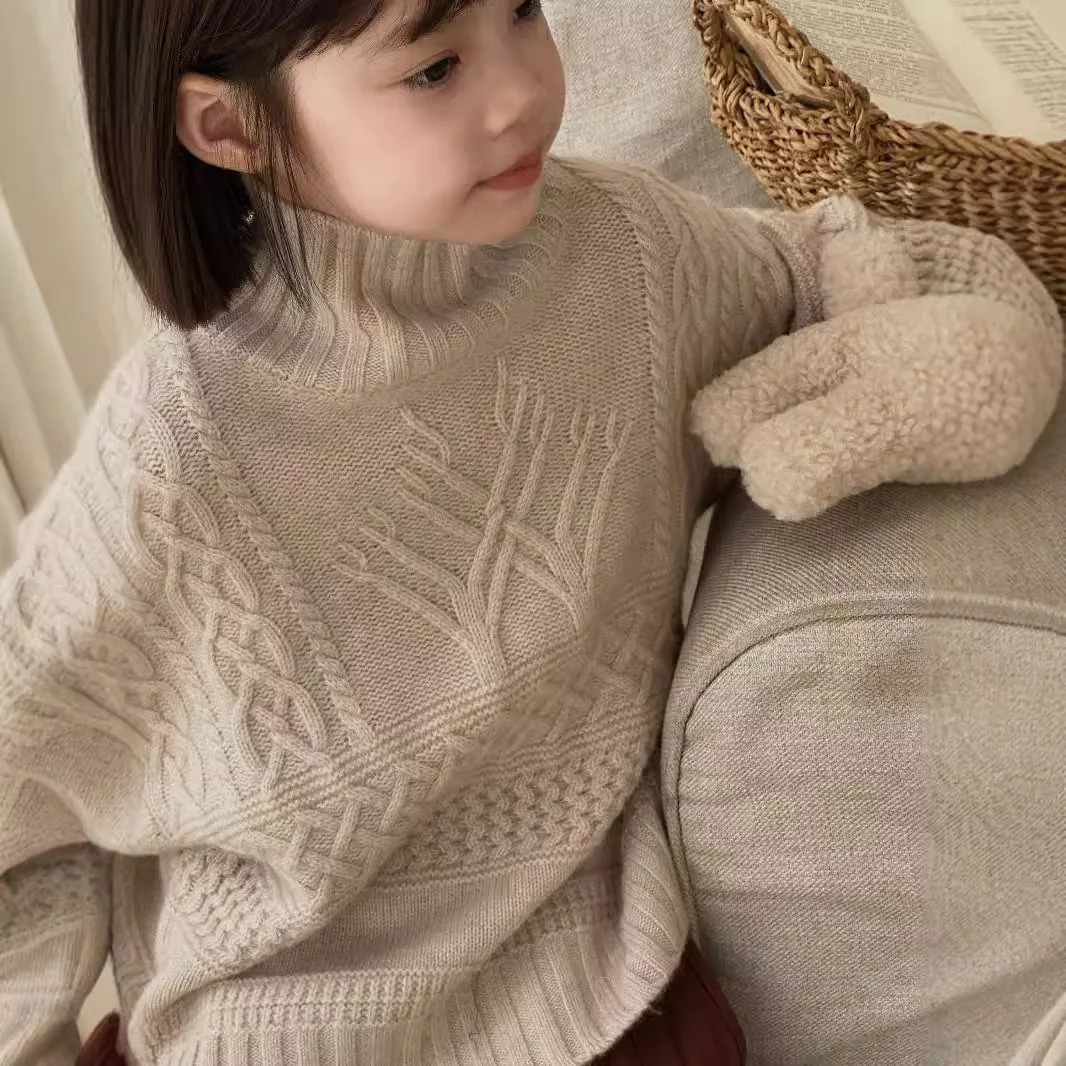 Girls Sweater 2024 Autumn Winter Children Korean Round Neck Glove Sweater Girls Lazy Knit Sweater Baby Inside Match Top