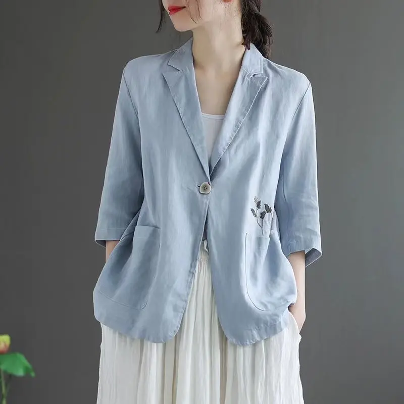 Spring Summer Temperament Office Lady Leisure Loose Linen Blazer Coats For Women Single Buckle Vintage Embroidery Thin Suit Tops