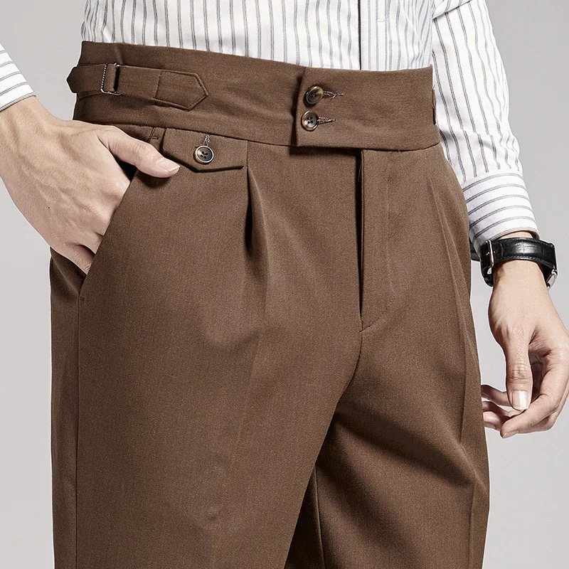 High End Men Brown Suit Pants Dress British Naples High Waist 9-point Pants Straight Slim Trousers Business Formal Social