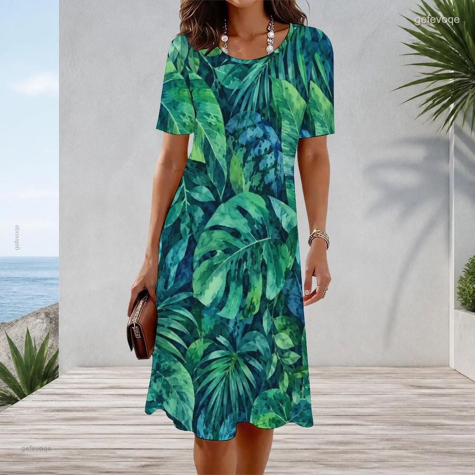 Women Round Neck Short Sleeve Black Base Floral Maple Leaf Printed A-line Dress