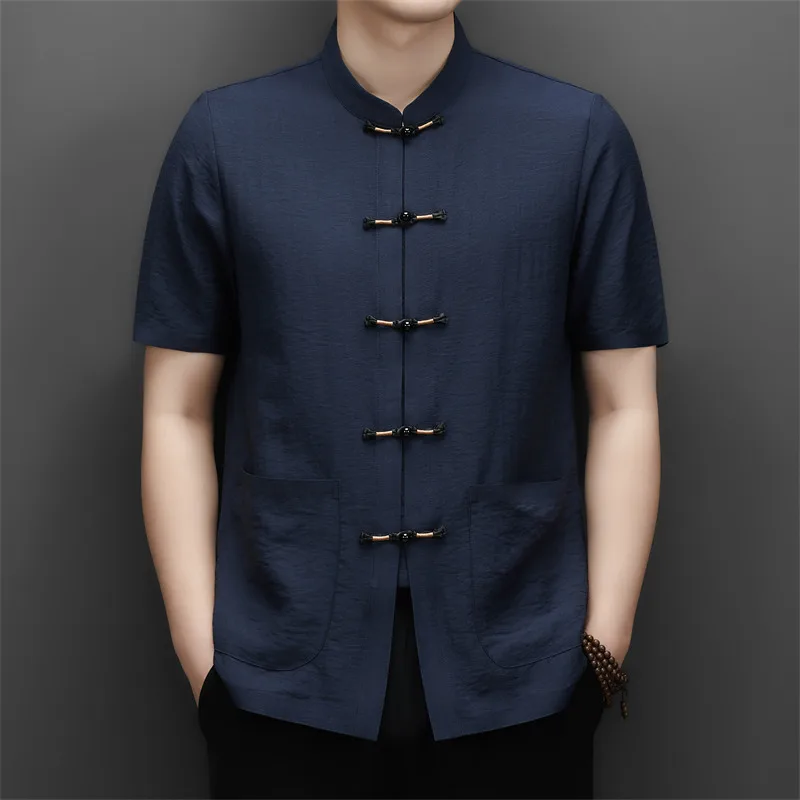 Viscose&Polyamide&Linen Shirts For Men Short Sleeve Tang Costume Summer Quality Lightweight Breathable Premium Camisas De Hombre