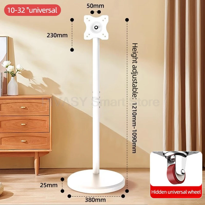In hoogte verstelbare tv-standaard Mobiele monitorhouder 360° °   Roterend wit staand kunstdisplayrek voor scherm van 10 tot 46 inch