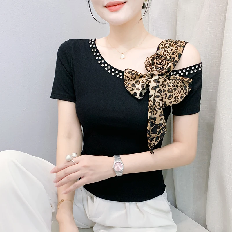 

2025,New,Summer,European,Clothes,T-Shirt,Fashion,Sexy,Skew collar,Patchwork,3D,Shiny,Diamonds,Women,Tops,Short Sleeve,Tees,57019