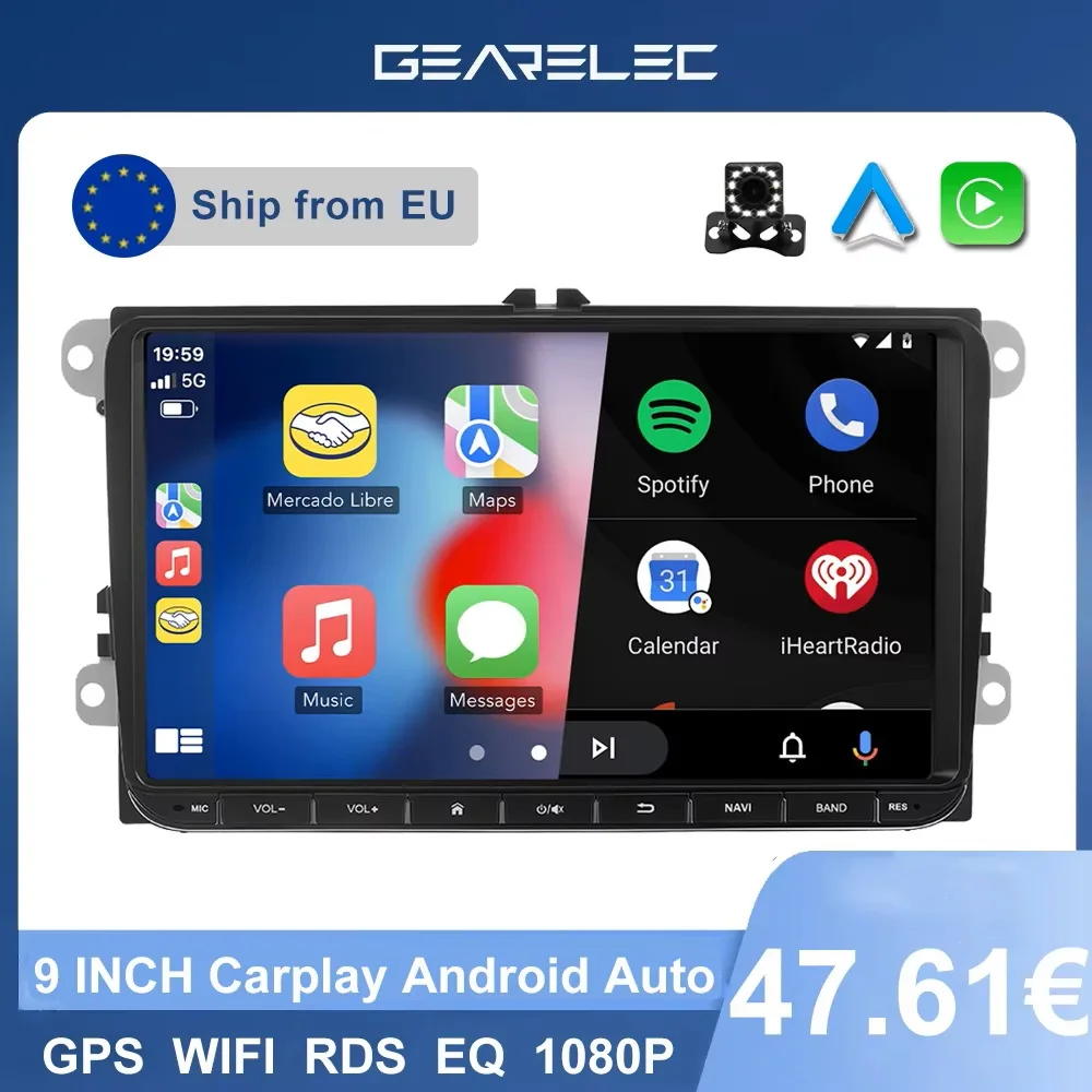 Schermo per auto Android-auto wireless da 9 pollici Carplay Android13system Lettore multimediale per navigazione GPS VW Bluetooth WiFi Radio FM