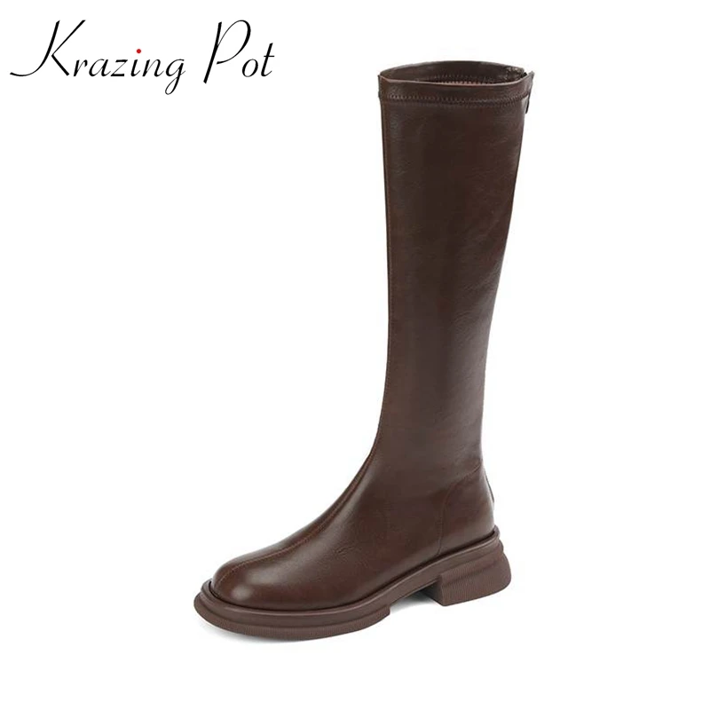 

Krazing Pot Cow Leather Round Toe Winter Warm Riding Boots Thick Heels Gladiator Plus Size 42 Back Zipper Platform Knee Boots