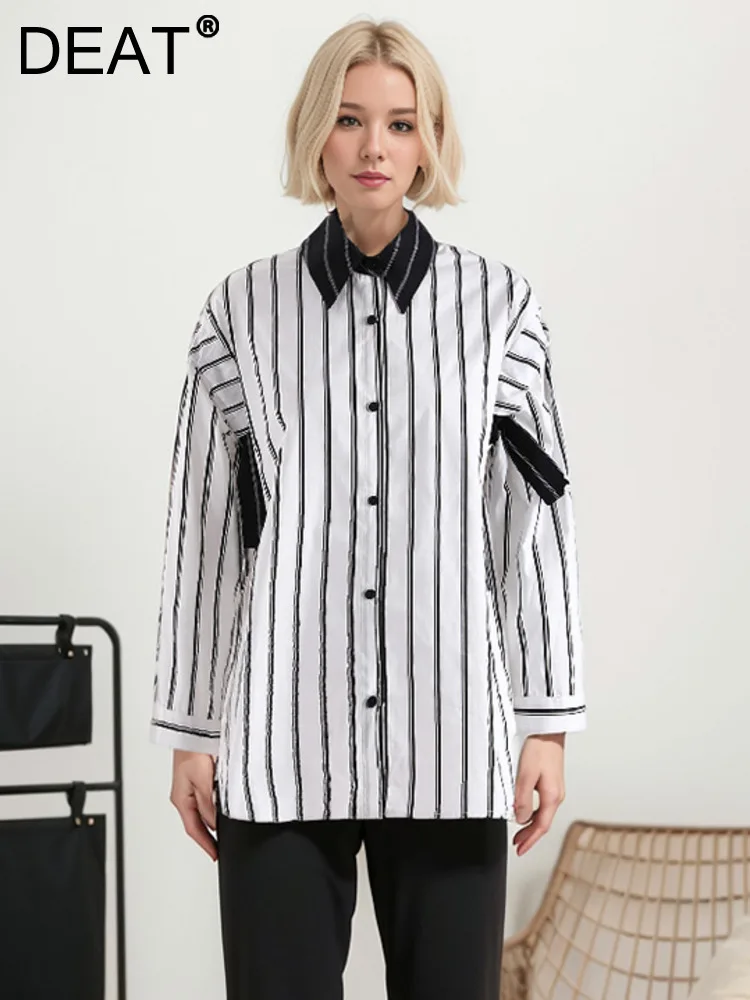 

DEAT Fashion Women's Stripe Shirt Lapel Single Breasted Contrast Color Drawstring Loose Blouse Autumn 2024 New Tide CPDB024