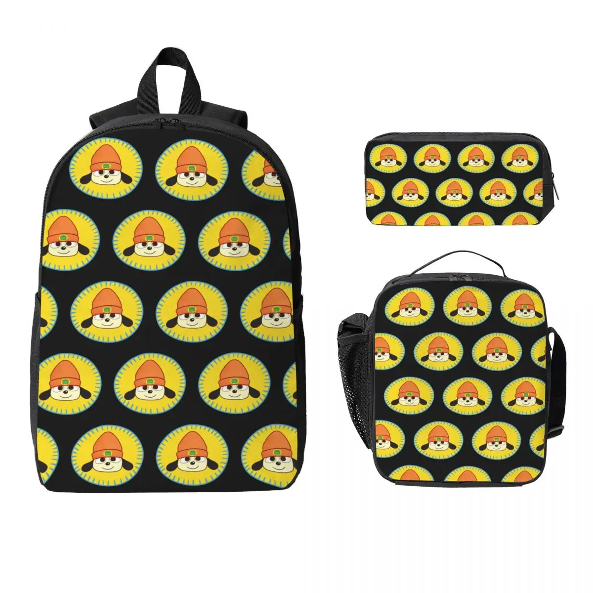 PaRappa The Rapper Patch Backpack Student Boy Girl BookBag School Bag Computer Shoulder Bags 3ps Insulated Lunch Bag Pencil Case