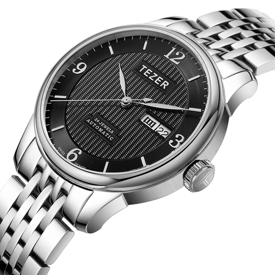 TEZER Men Automatic Watch | Day‑Date Window | Vertical Grooved Dial | Solid Steel Band | 50M Water Resistant