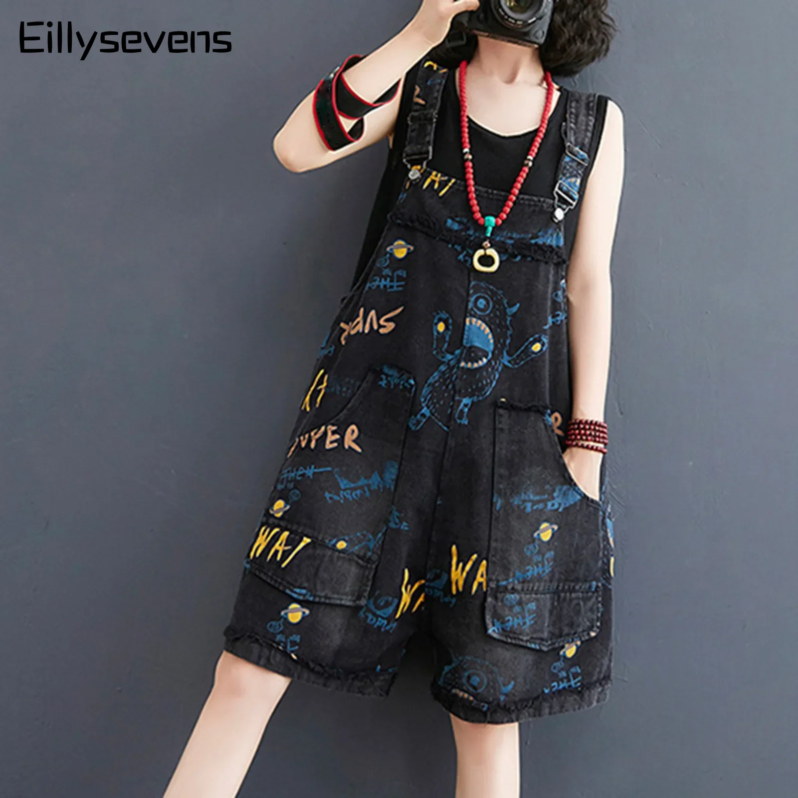 

Women'S Shorts Jumpsuits Fashion Loose Wide Leg Vintage Cartoon Graffiti Printed Denim Strappy Jumpsuits Summer Daily All-Match