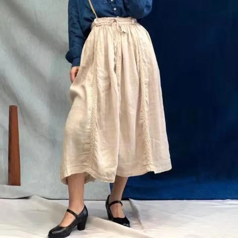 Johnature New Cotton Linen Vintage Embroidery  Strap Skirts For Women 2024 Summer Solid Color Loose Female Skirts