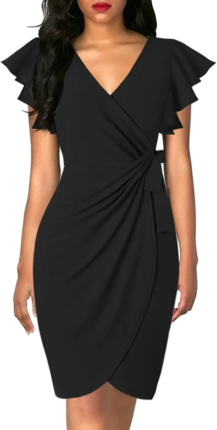 Bodycon sexy Sommerkleid Cocktail Faux Wrap tiefen V-Ausschnitt Rüschen ärmel geraffte Party Arbeit formelle Brautkleider für Frauen