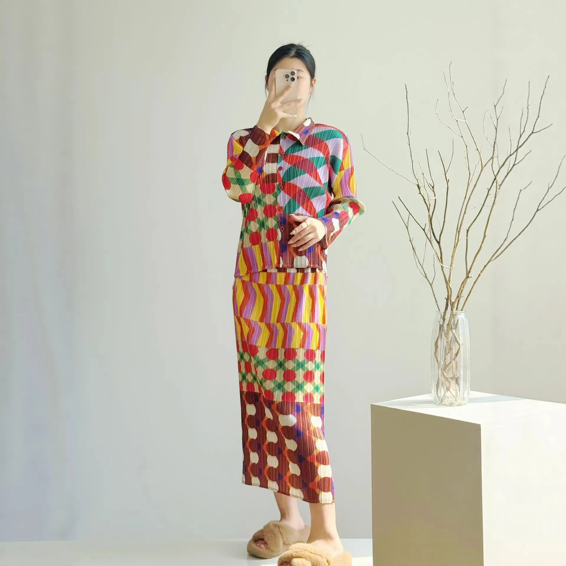 Miyake Pleated 2026 Spring and Summer New Fashion Design Striped Pleated Half-body Skirt Plaid Print Color Collision Half Skirt