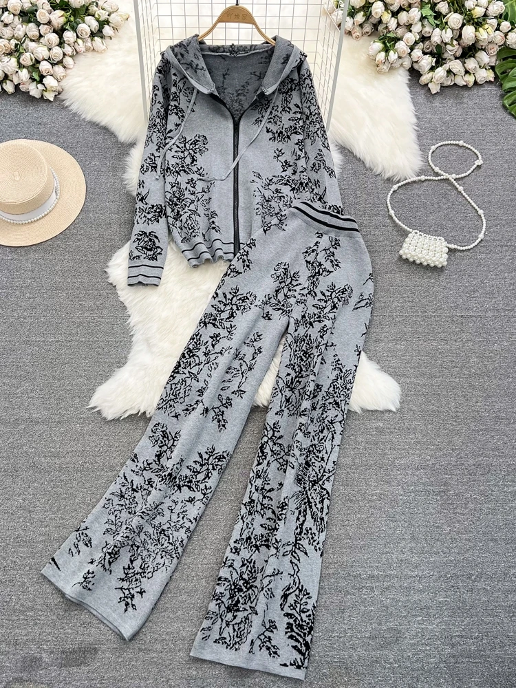 Women Vintage Fashion Print Knit Casual Loose Suits Autumn Winter Zipper Hoodie High Waist Wide Leg Pants Two Piece Sets