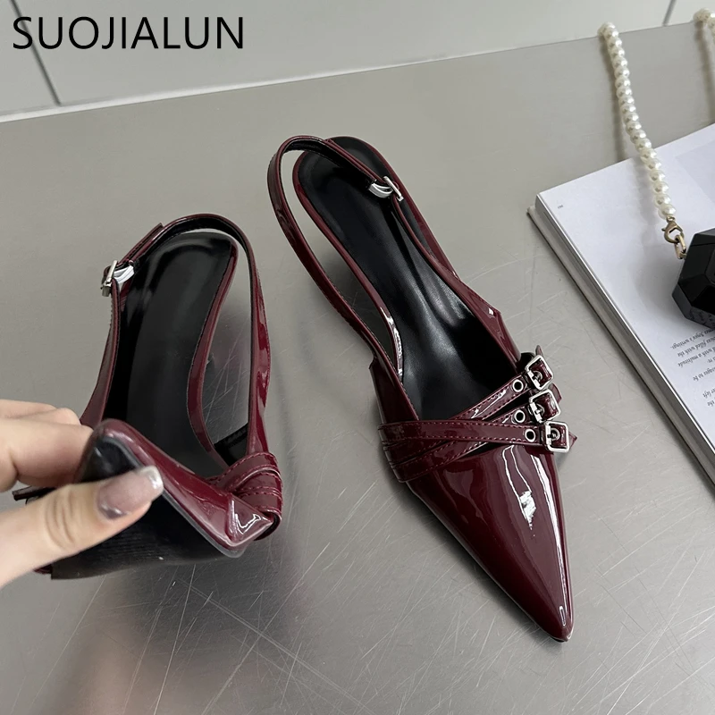 SUOJIALUN 2024 New Brand Women Sandal Fashion Red Pointed Toe Shallow Slip On Slingback Sandal Thin Low Heel Dress Pumps Shoes