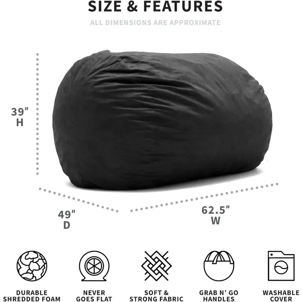 Beanbag sofa, foam filled beanbag chair, with removable cover, black, durable woven polyester, 5 feet large, sofa chair