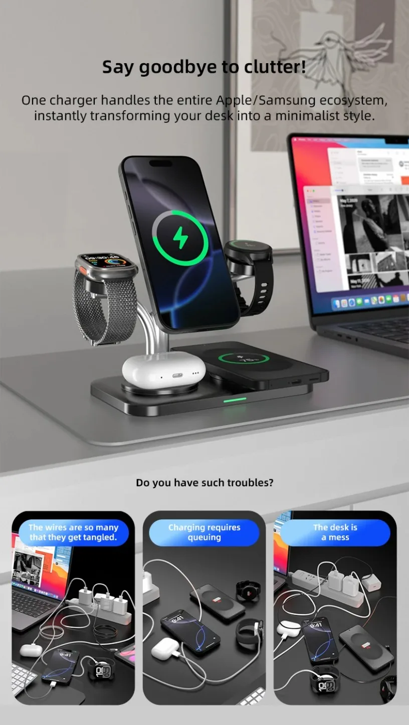 5 IN 1 15W Dual Phone Watch Magnetisches kabelloses Ladegerät Schnellladung für iPhone 17~12 Samsung Apple/Galaxy Watch Aipods Pro/Buds – Detail 4