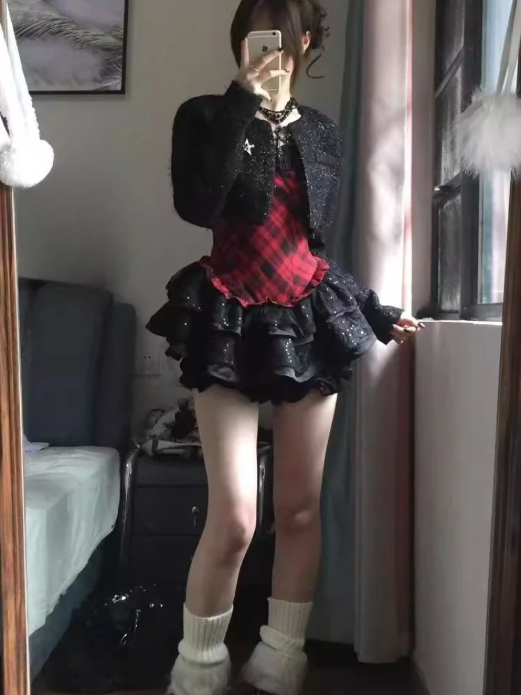 

Spring Gothic Elegant 2 Piece Sets Woman Y2k Chic Short Coat + Plaid Fluffy Vintage Dress Female Retro Korean Popular Clothes