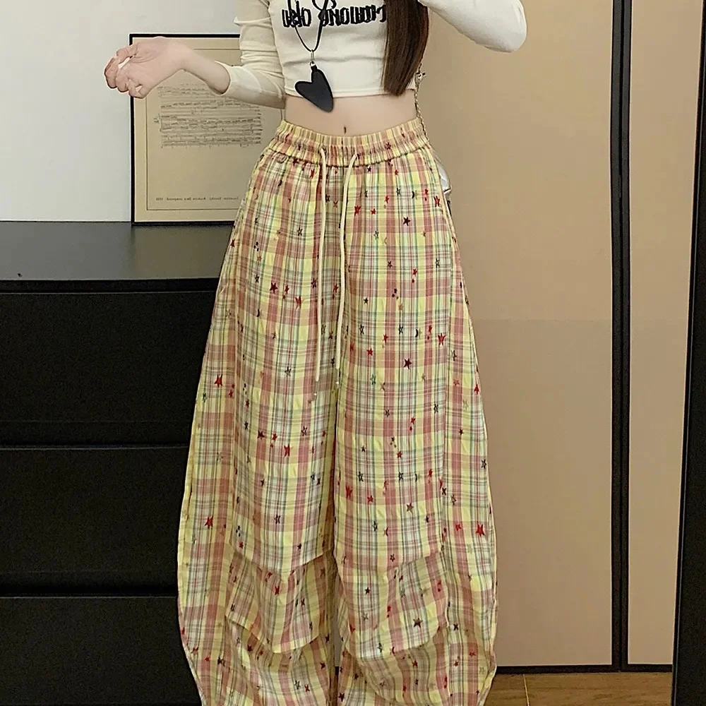 Summer New Arrival Casual Colorful Star Checkered Wide Leg Pants Hip Hop Plaid Lazy Style Straight Leg Trousers Women Harajuku