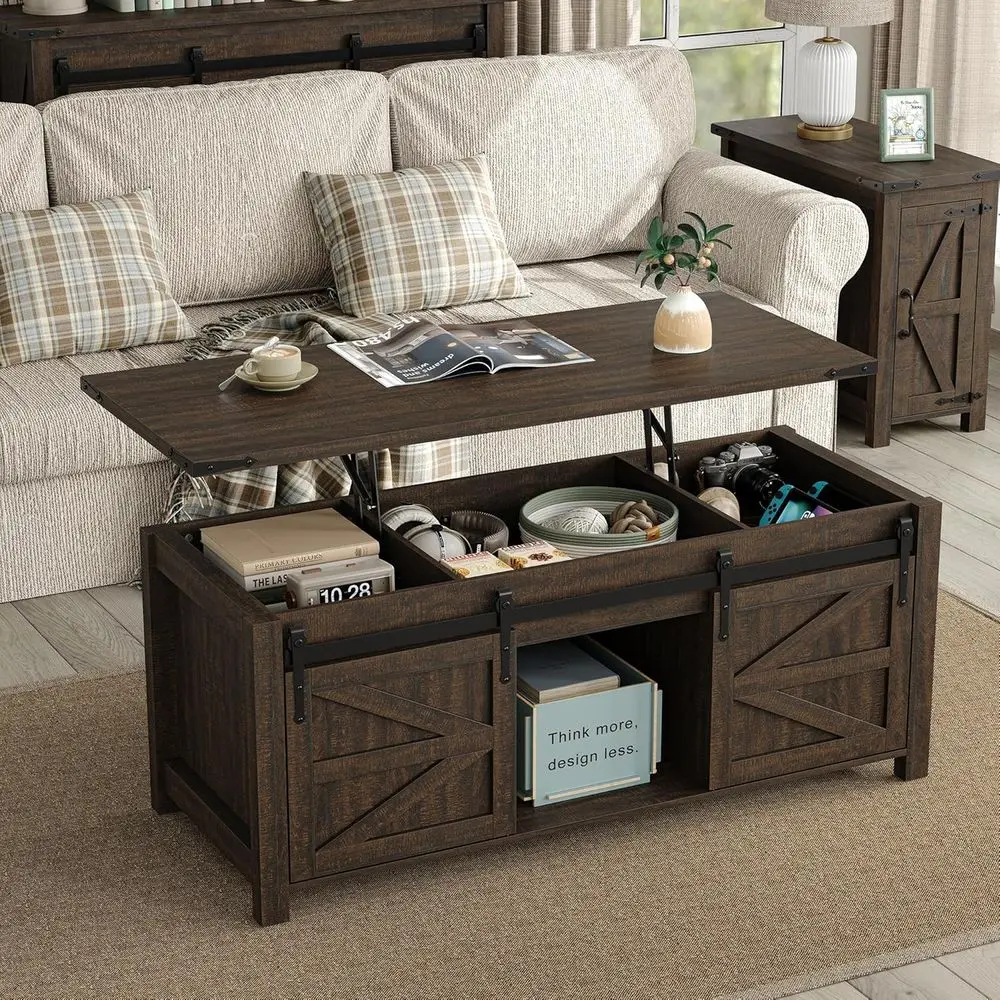 

Lit Top Coffee Table Recarmhouse Coffee Table with Storage Rustic Center Table with Sliding Barn Door Living Room, Home, Brown