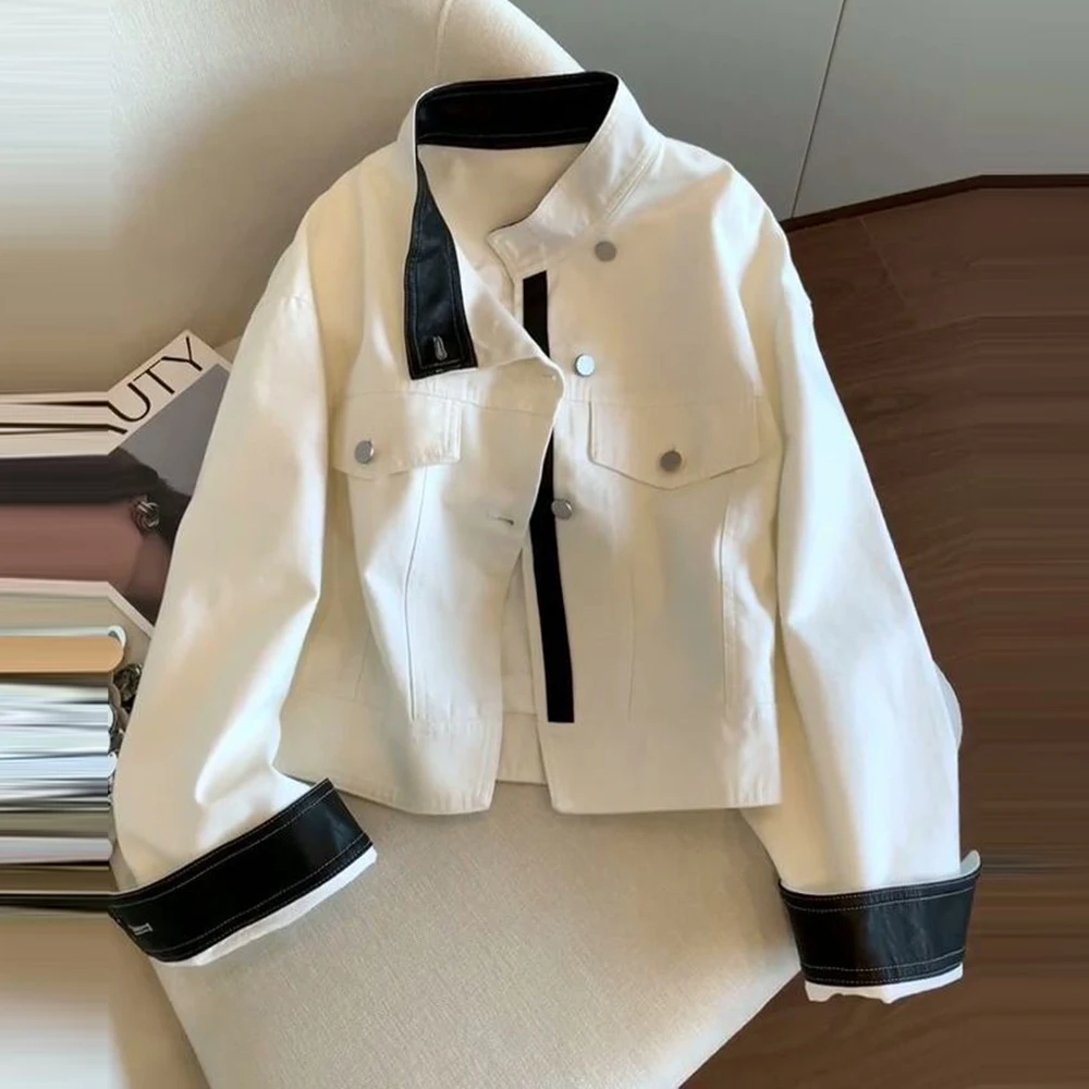 retro Barn style contrasting color stand-up collar tooling jacket women's autumn loose casual versatile temperament jacket top