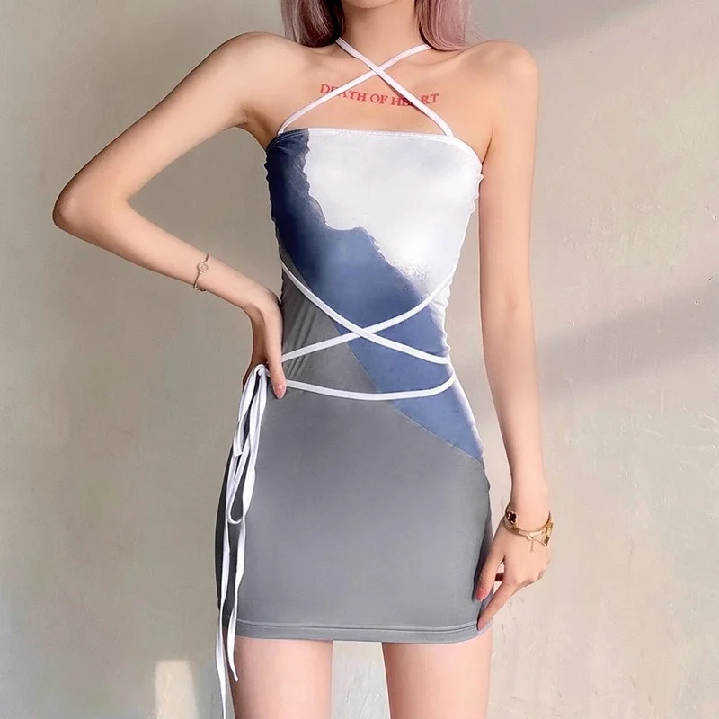 Fashion Tie Dye Slim Slim High Waist Spaghetti Strap Dress Cross Bandage Halterneck Bag Mini Vestidos Women's Party Club Costume