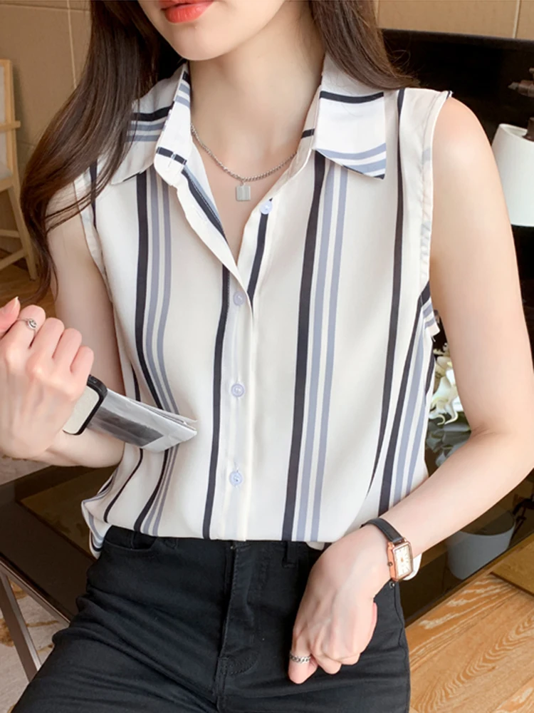 White Striped Shirts Blouses Female Blusas Casual Office OL Blouses Basice Summer Sleeveless Blouse Women Casual Tops