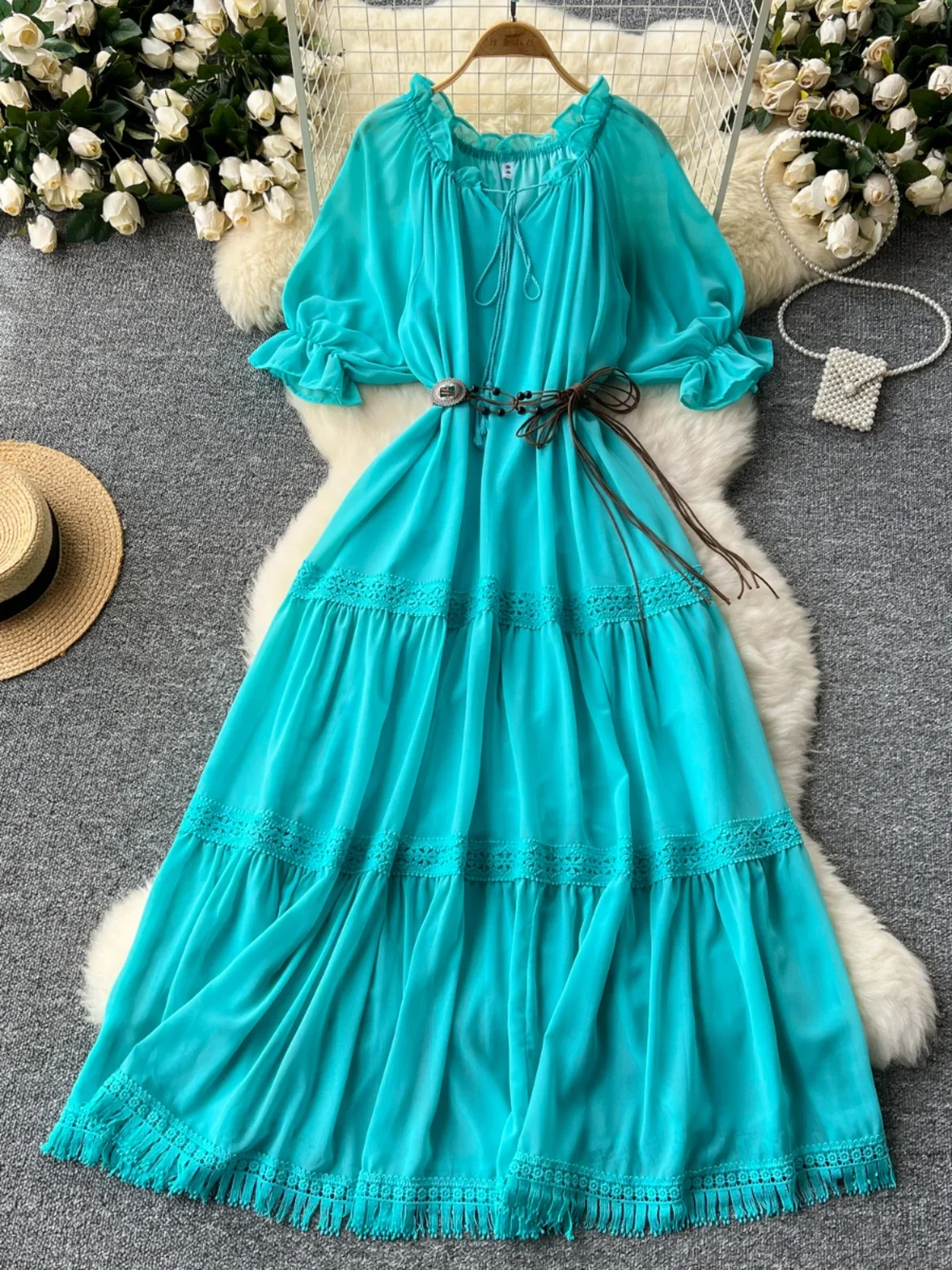 Ofallsis Gentle Style Solid Color Dress 2024 Women's Summer New French Sweet Lace Up Waist Slimming Lace Patchwork Long Dresses