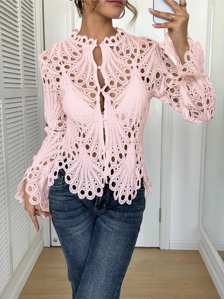 Weißes Spitzenhemd für Damen, modisch, langärmelig, O-Ausschnitt, Hakenblume, hohle Hemden, Tops, Dame, Urlaub, Boho, Y2k, Damenbekleidung, Neu